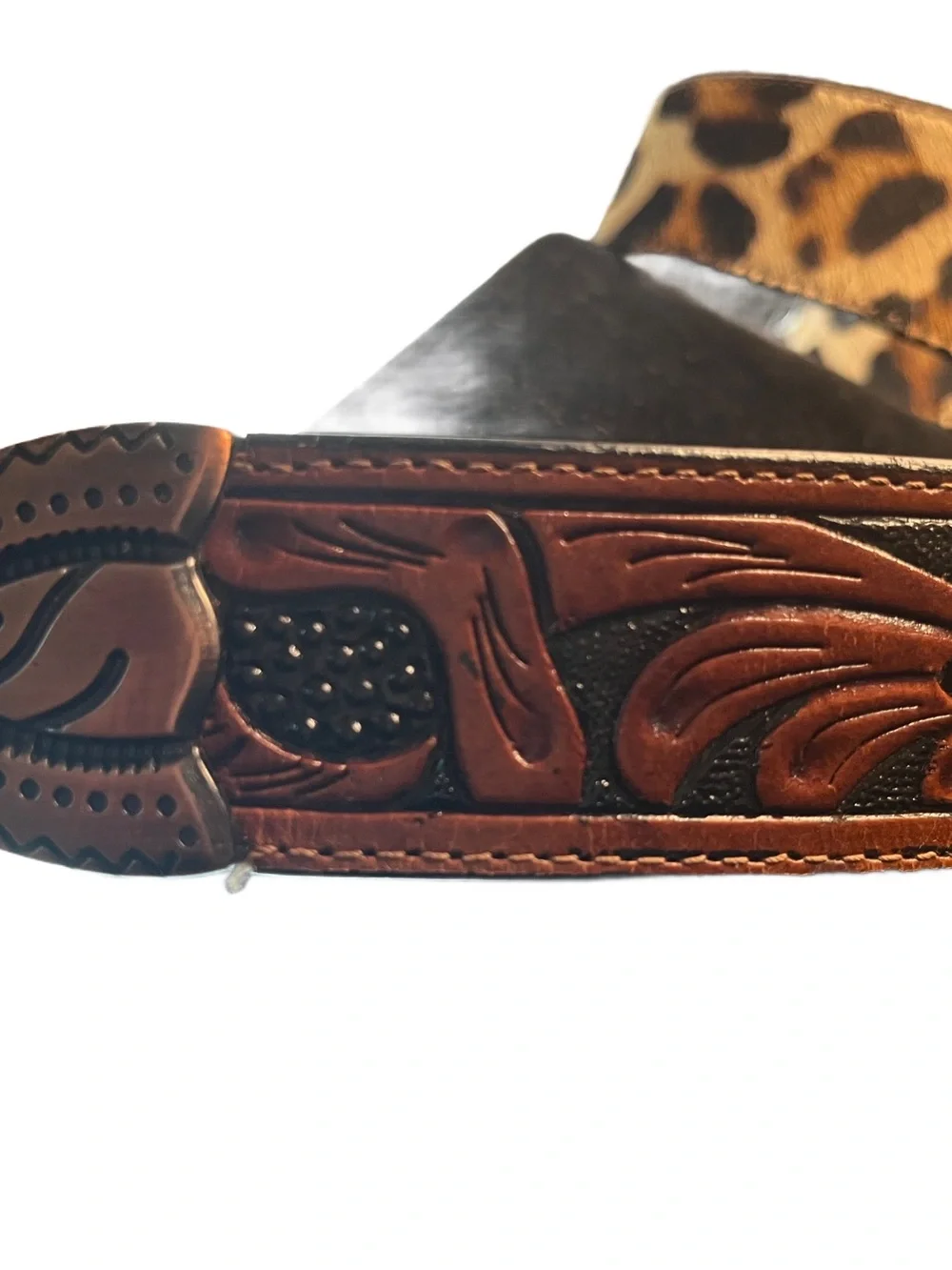 American Bison Leopard  Print Hair Tooled Leather Chunky Metal Buckle Belt Sz 42